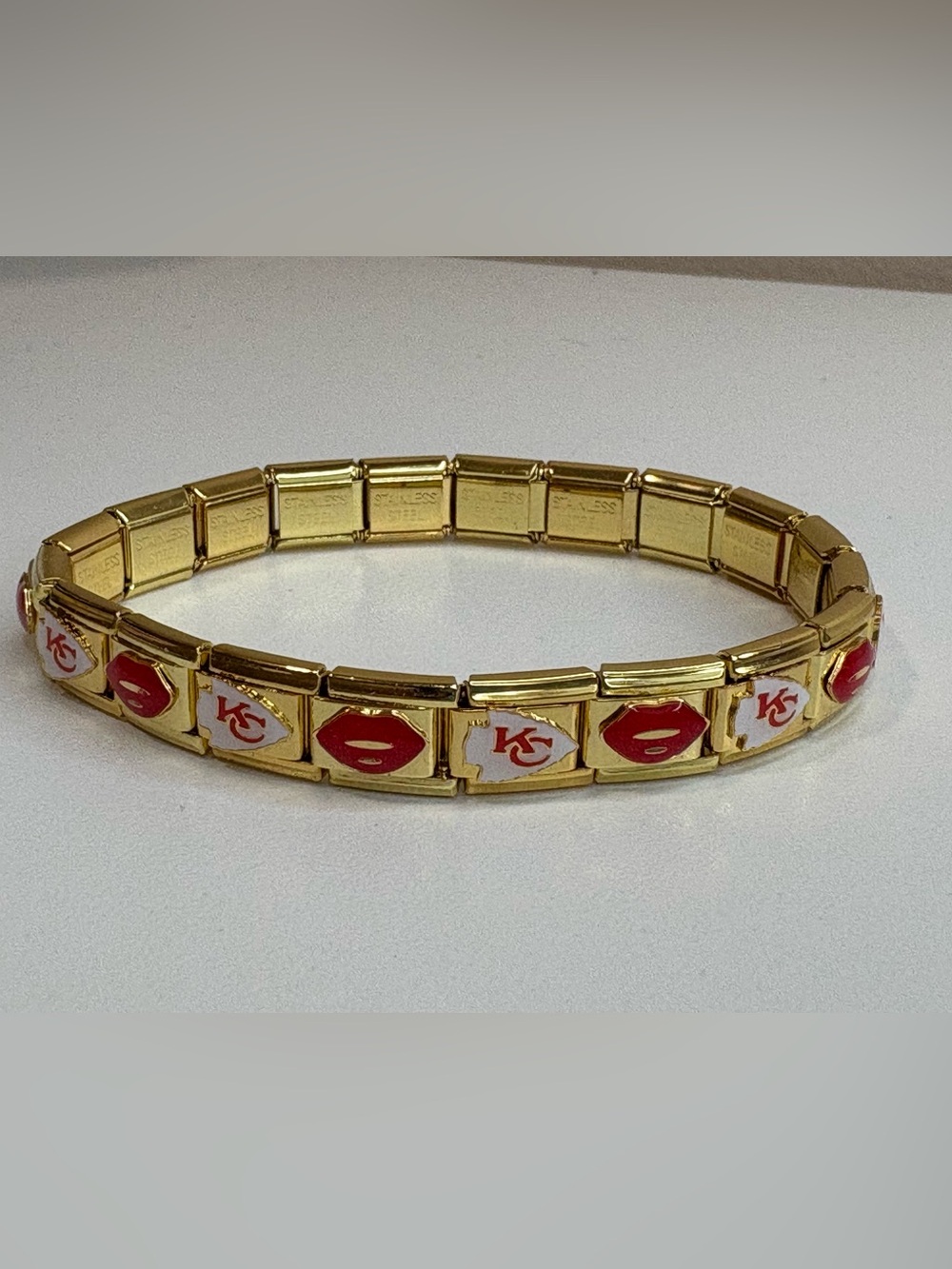 TS Football Red Lips Italian Charm Stretch Bracelet Gold Stainless Steel NEW